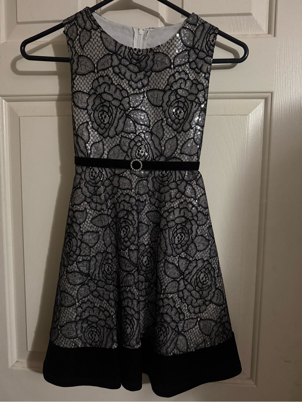 Rare Editions Silver Dress with Black Lace and Belt
